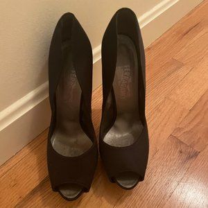 Salvatore Ferragamo black peeptoe satin platform pump